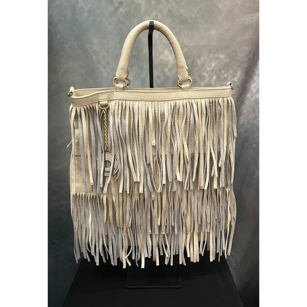Carla Donelli Cream Fringe Leather Shoulder Bag Satchel Handbag Purse‎